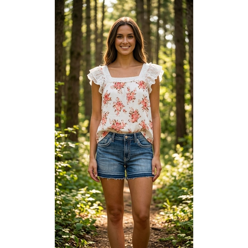 Thread & Clover White Pink Floral Eyelet Ruffle Sleeve Tunic Med Womens Peasant